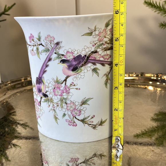 Vtg Unique Shaped Japan Vase Birds Perched On a Cherry Tree Branch Hand Painted - Picture 9 of 10